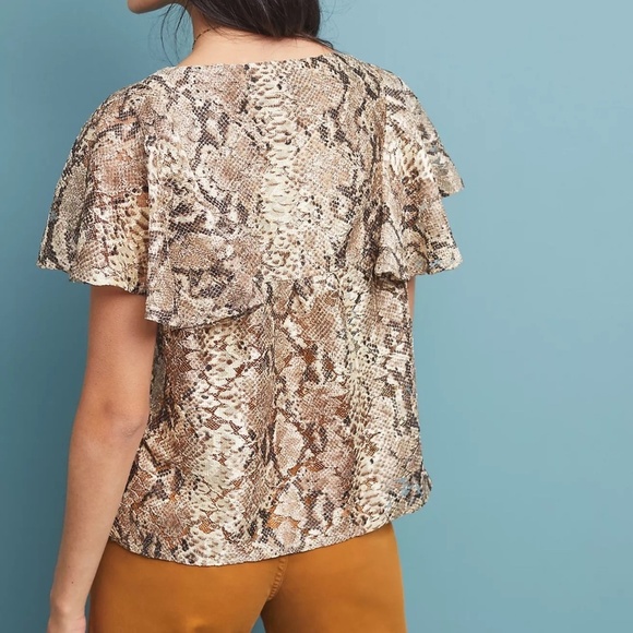 New! Anthropologie Willow Snake-Printed v-neck flutter slv Blouse 33345 - Picture 2 of 15